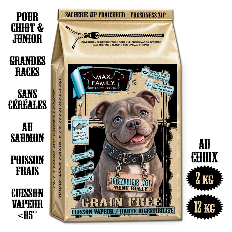 Menu BULLY JUNIOR XL - by MAX FAMILY - CROQUETTE SANS CEREALE POUR CHIOT XL LARGE GRANDES RACES et RACES GEANTES