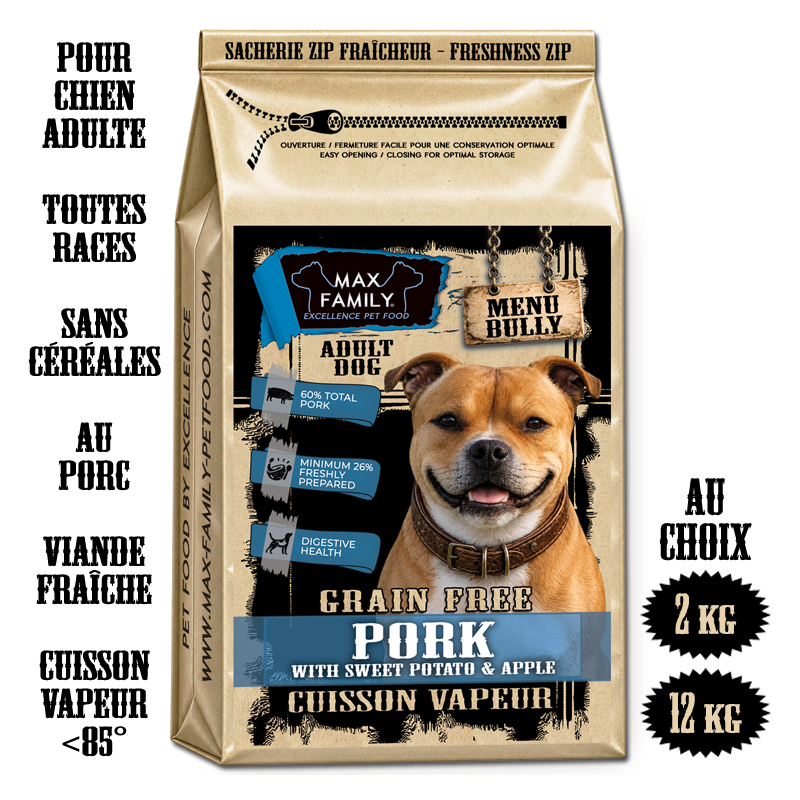 Menu BULLY PORK - by MAX FAMILY - CROQUETTE SANS CEREALE VAPEUR au porc pour chien adulte