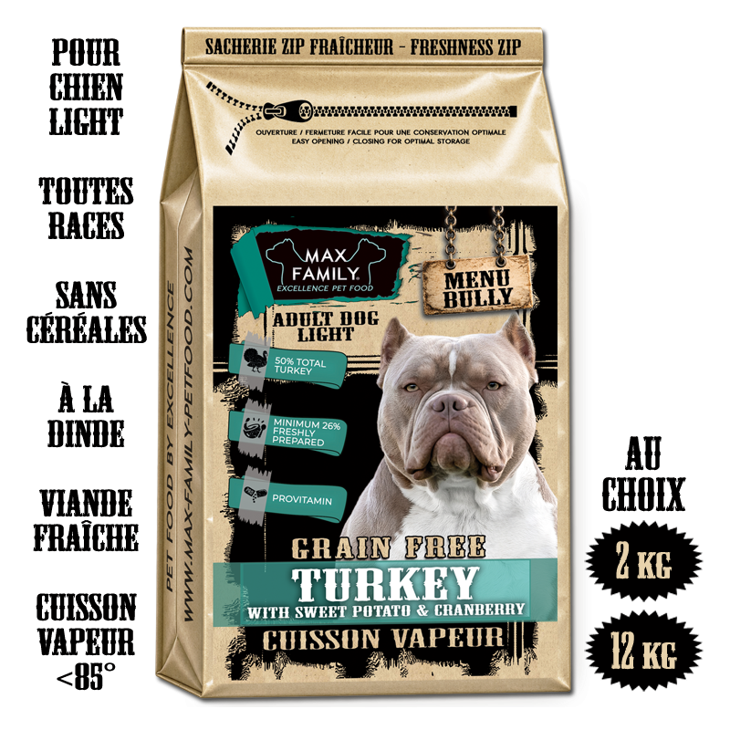 MENU Bully LIGHT TURKEY - by MAX FAMILY - FRESH GRAIN FREE - CROQUETTE ALLEGEE A LA DINDE